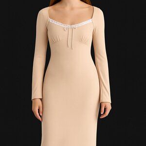 🤎 Lush Tan & White Babydoll Long Sleeve Midi Dress – Size L 🤍 NWOT | Soft Ribb